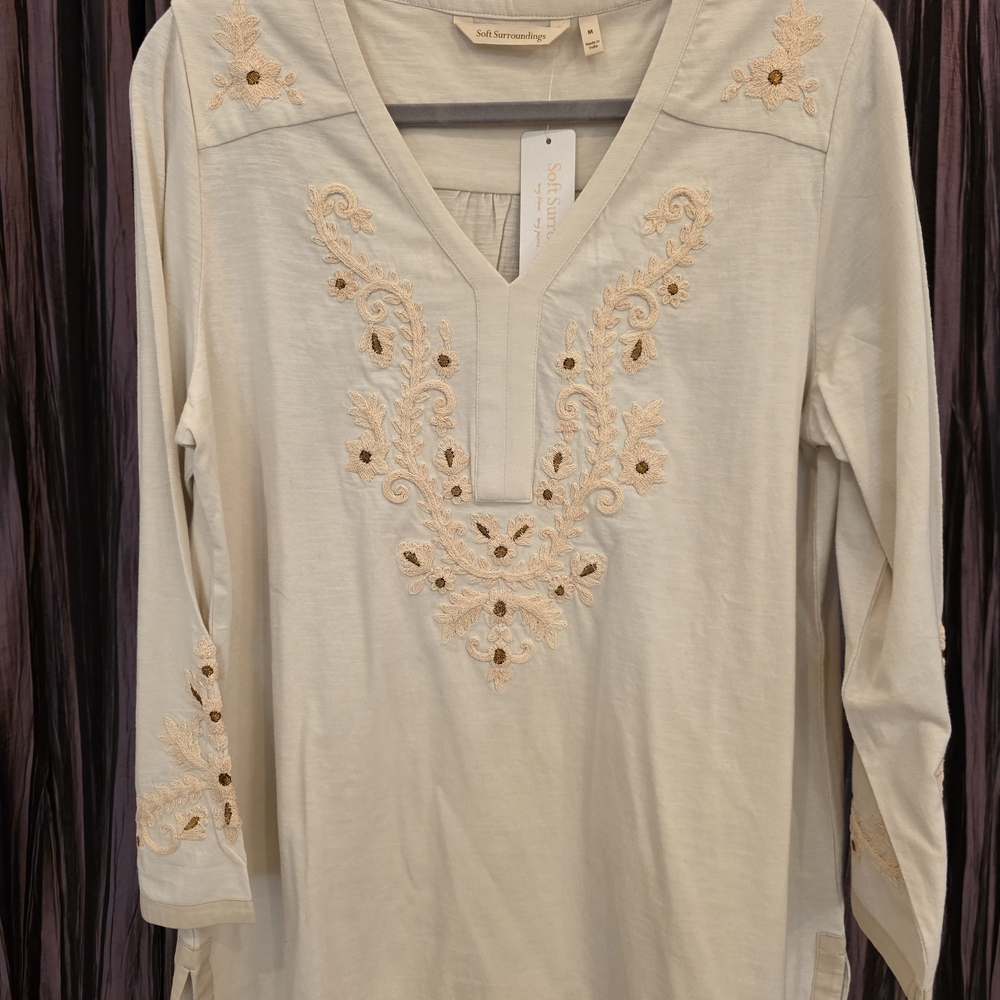 NWT.  Soft Surroundings Cream Embroidered V-Neck Tunic Top
